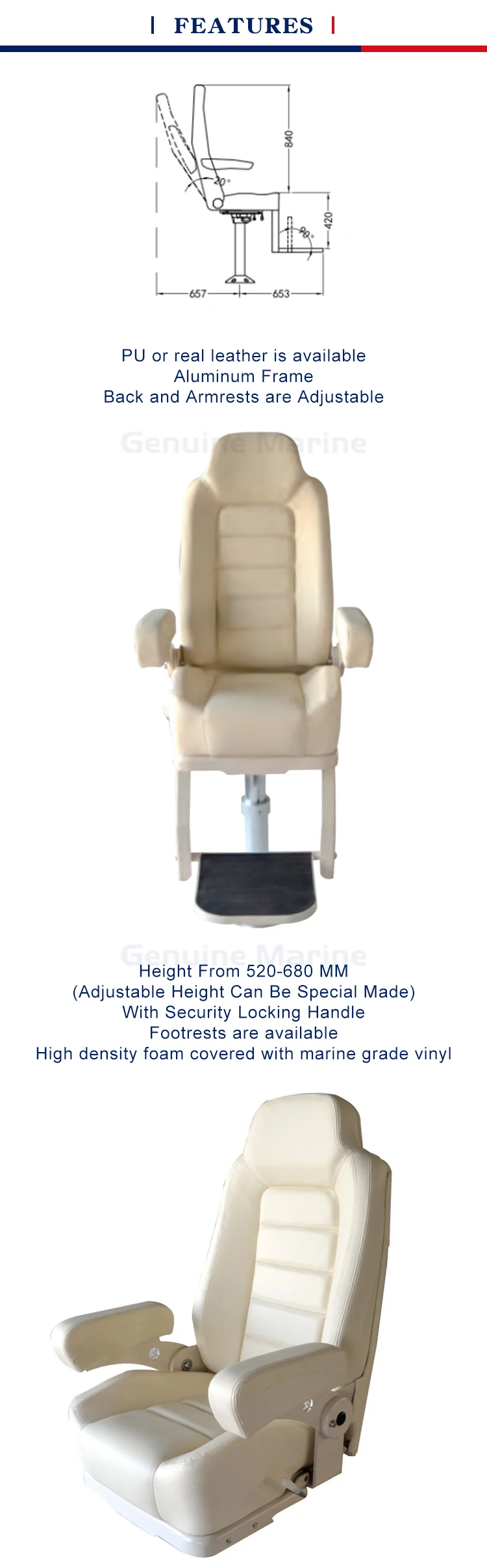 Luxury Marine White Captain With Hand Rest Stainless Steel Adjustable Seat Base Flip Up Boat