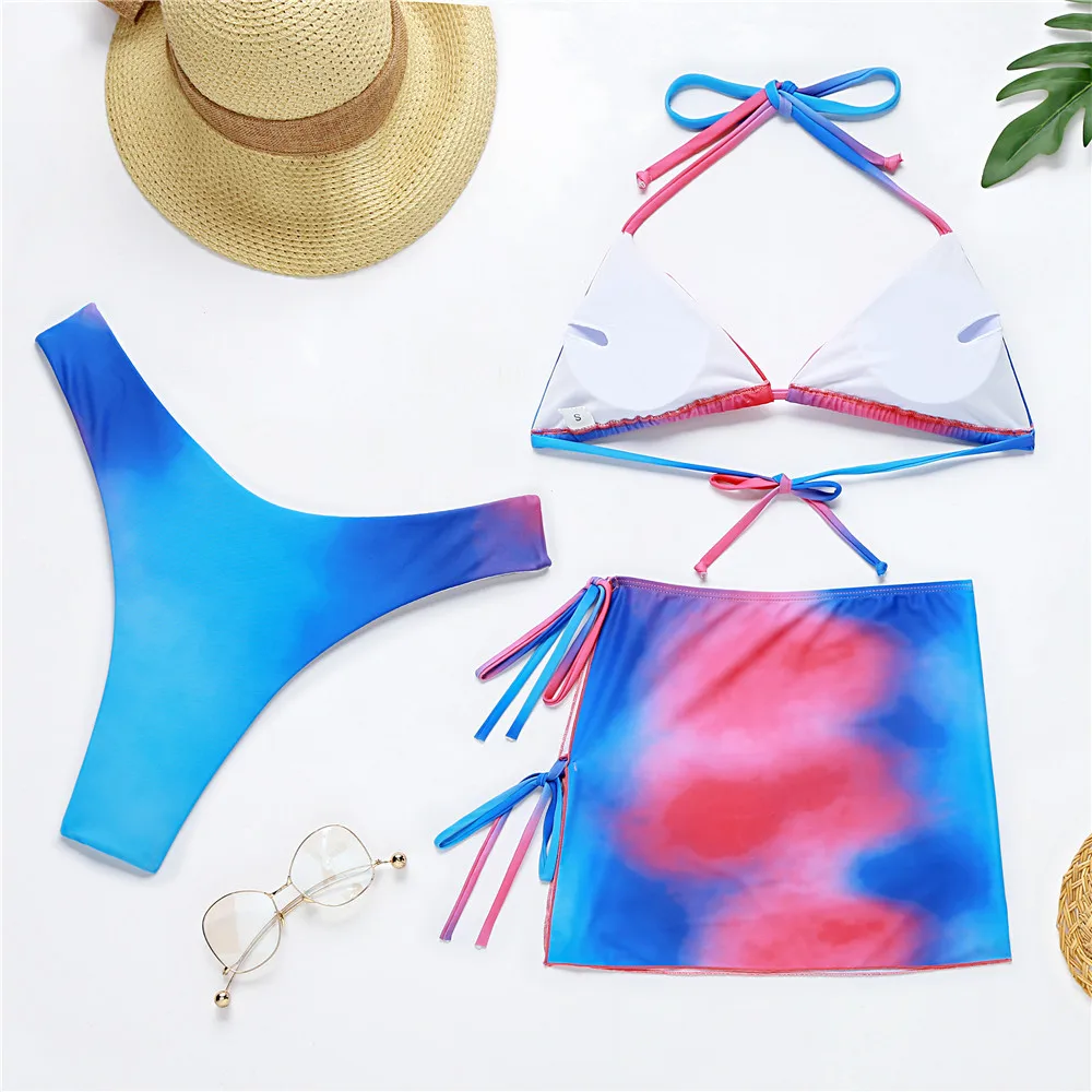 DAMOCHIC 2022 3 Piece Swimwear Beach Tie-Dye Three-Piece Swimsuit Quick-Drying Halter Thong Bikini Set with Cover Up for Women