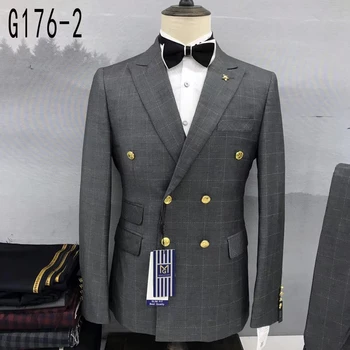 Spring/Summer New Fashion High Quality Men's Slim fit plaid suit set British Youth Fashion Checker Suit 2 piece Set