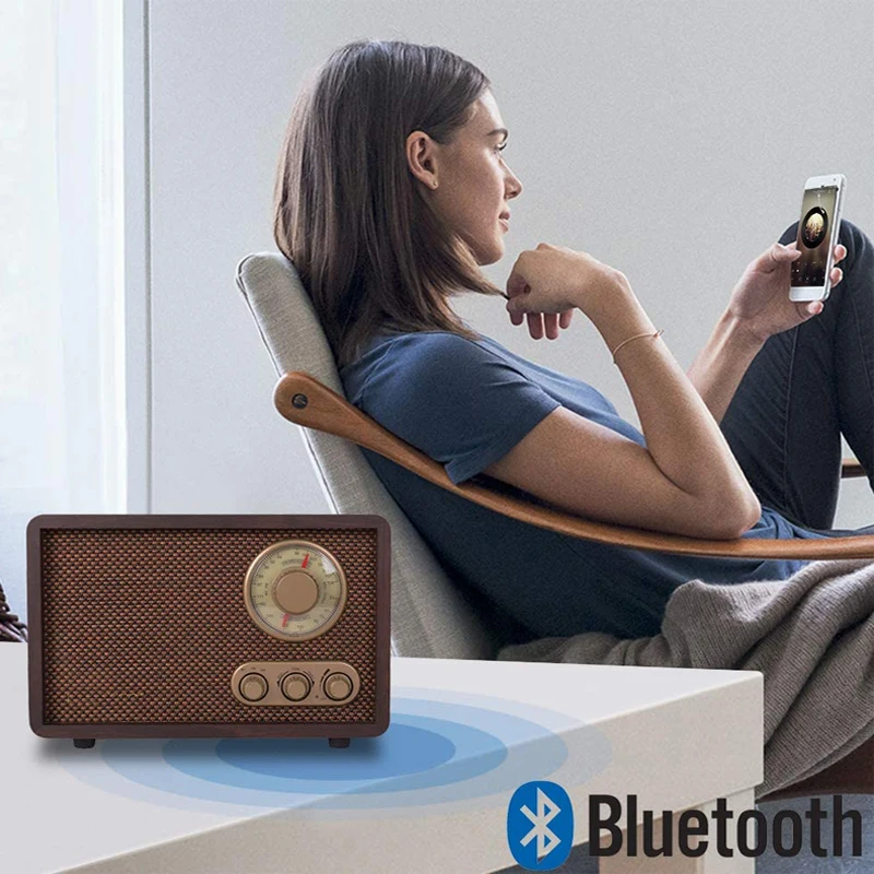 FM AM Radio Retro Wood Radio Play Mp3 and Antenna Built in Speaker for Kitchen Living Room