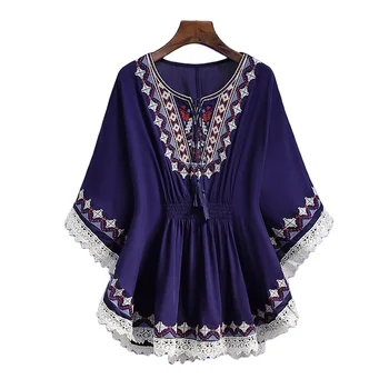 Women's Casual Boho Embroidered Long Sleeve Peasant Tops Button Up Loose Mexican Bohemian Blouses Shirt