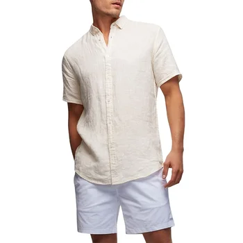 Summer Casual Linen Cotton White Button Down Shirt For Men Custom Embroidery Sublimation Logo Outdoor Faux Bleach Mens Shirt