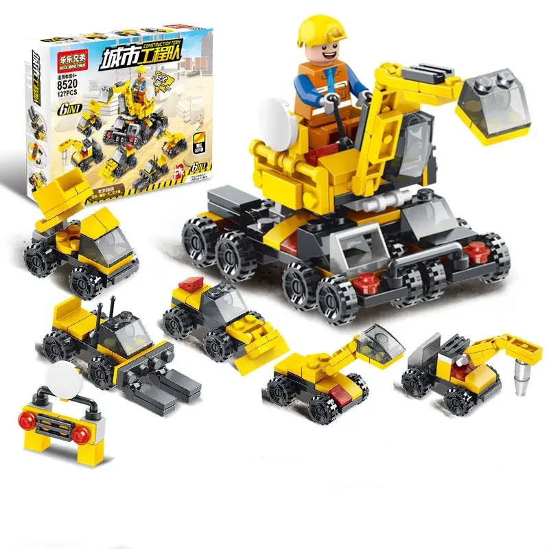 NEW 6-In-1 Mini Engineering Construction Truck Team City Building Block Set Engine Vehicle Educational DIY Toys for Children