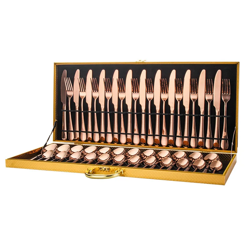 Golden Wooden Box Flatware Knife Fork Spoon 48pcs Case Stainless Steel