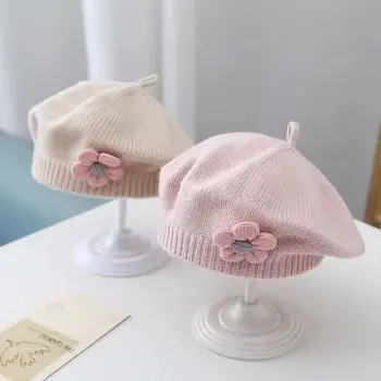 New fashion Baby girls Beret Knitted Hat Autumn and Winter Girl Woolen Warm Hat with flower