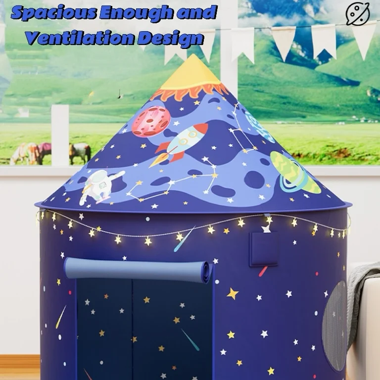 Rocket Ship Teepee Child Pop-up Small Space Playhouse Indoor Fun Kids Play Tent with Lights