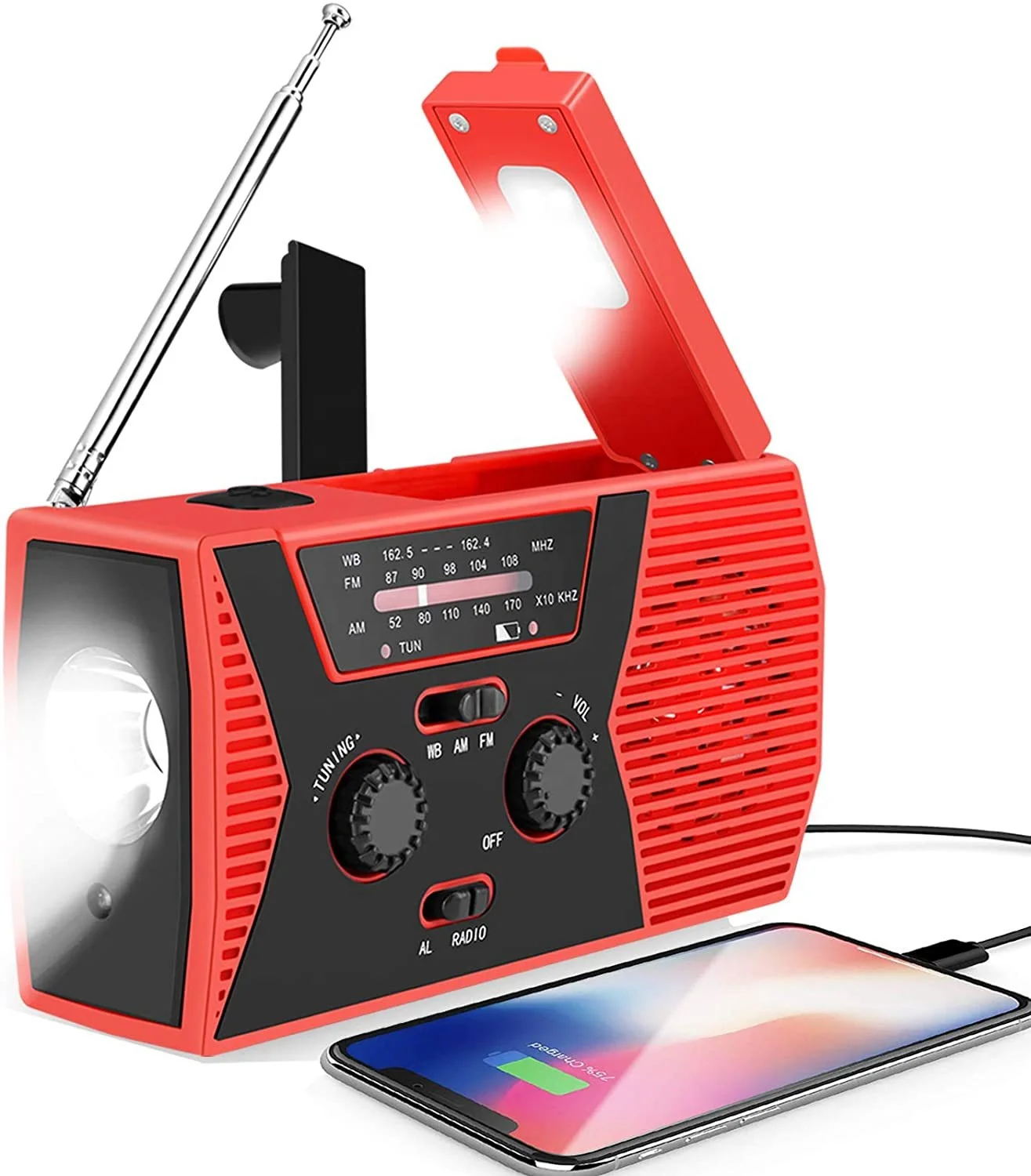 Radio Météo D'Urgence Solaire à Manivelle - Radio Portable Survie 2000mAh AM/FM/NOAA Avec Lampe LED Et Alarme SOS
