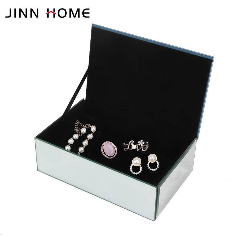 Luxury Glass Jewelry Box With Crushed Diamond Decor Lid Mirrored