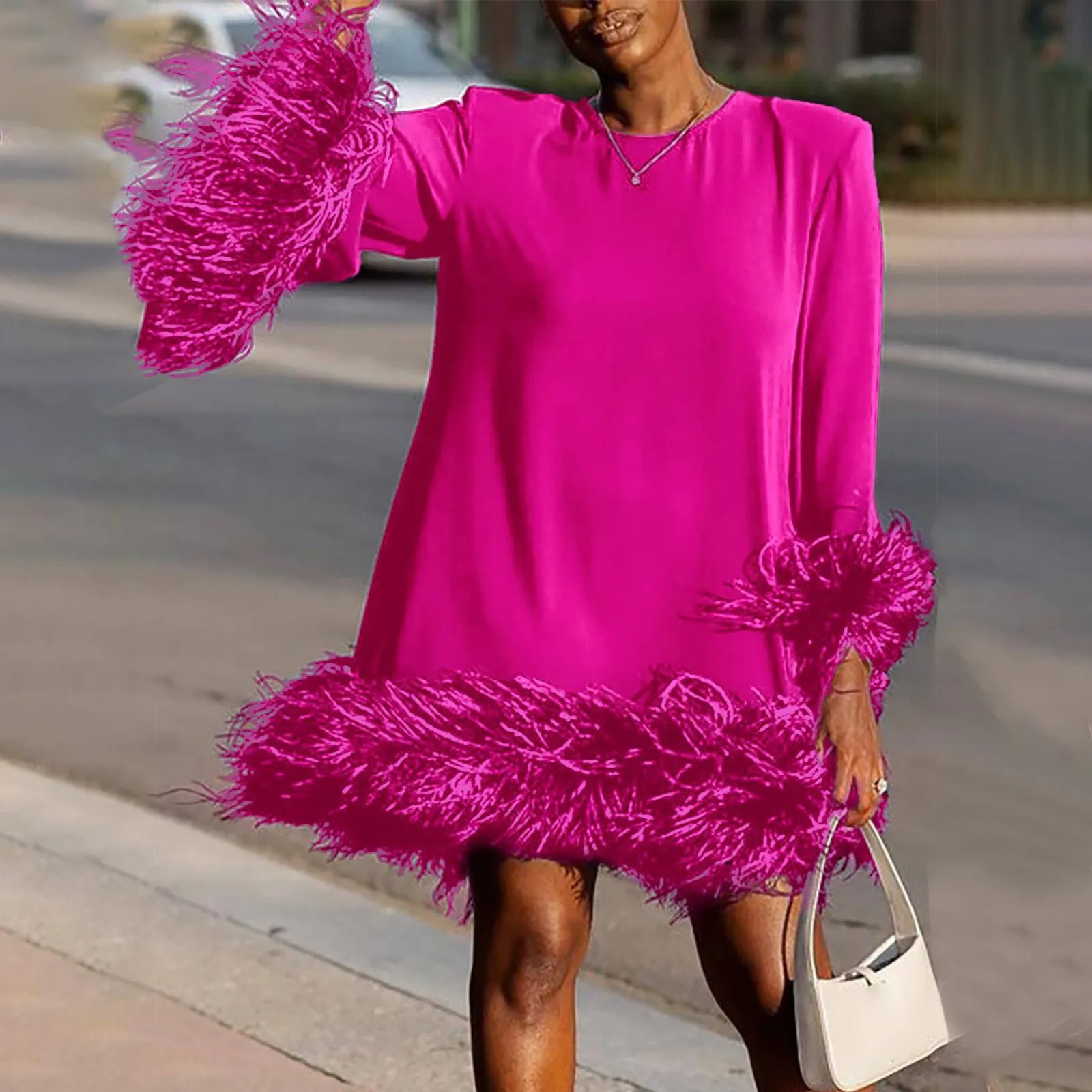 Women Fall Spring Dress Loose Fuzzy Faux Fur Decor Long Sleeve Dress  Pullover H-shaped Above Knee Length Mini Dress