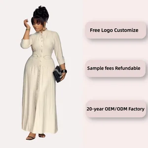 Women's Elegant Solid Pattern Maxi Dress Button Decor Stand Collar Ruffle Detail Modest Office Lady  Natural Autumn Dress