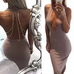 Guanzhou Wholesale Luxury Natural Waistline Backless Evening Dress Solid Color V-neck A-Line Knee-Length with Body Chain