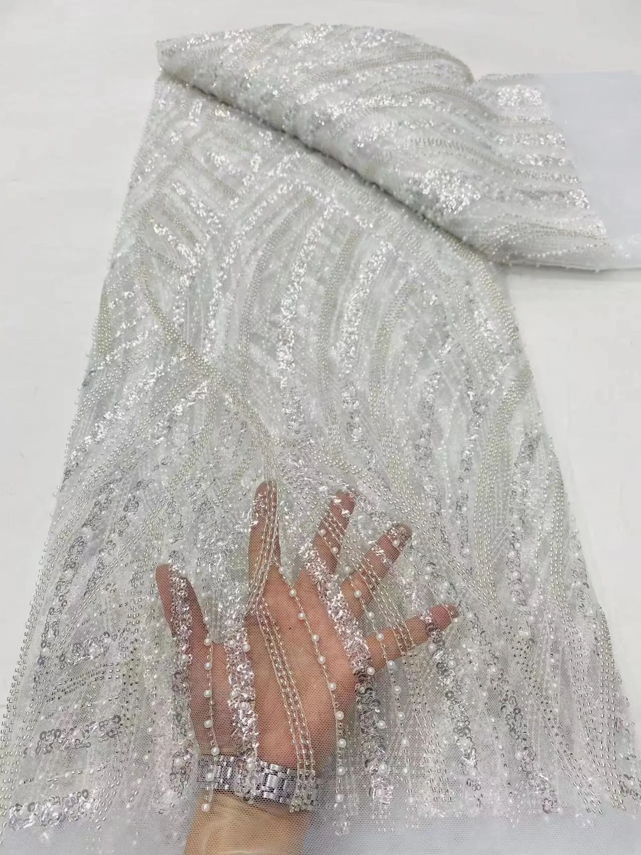 ハンドメイドあや NI.AI Burnt Orange Handmade Beaded Tulle Lace Fabric African