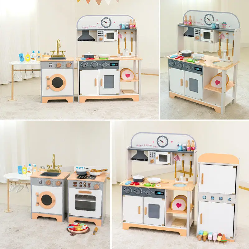 Trämini kökssats för småbarn Lekhus Kylskåp Tvättmaskin Spis för simulerad rolllek Förskolelek