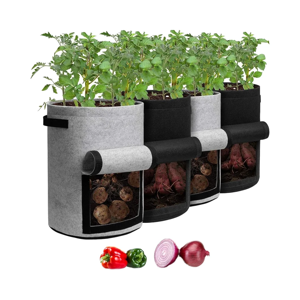 A-ONE Ecologici Quattuor-Sacculi Pacis: 10-Gallon, 3 mm Crassi, Nigri et Grisei, Flap-Formae, Ex Fibra Solanacearum (Solanum tuberosum), Sacculi ad Plantas, Fenestra ad Messum, ad Tomatas et Vegetabilia