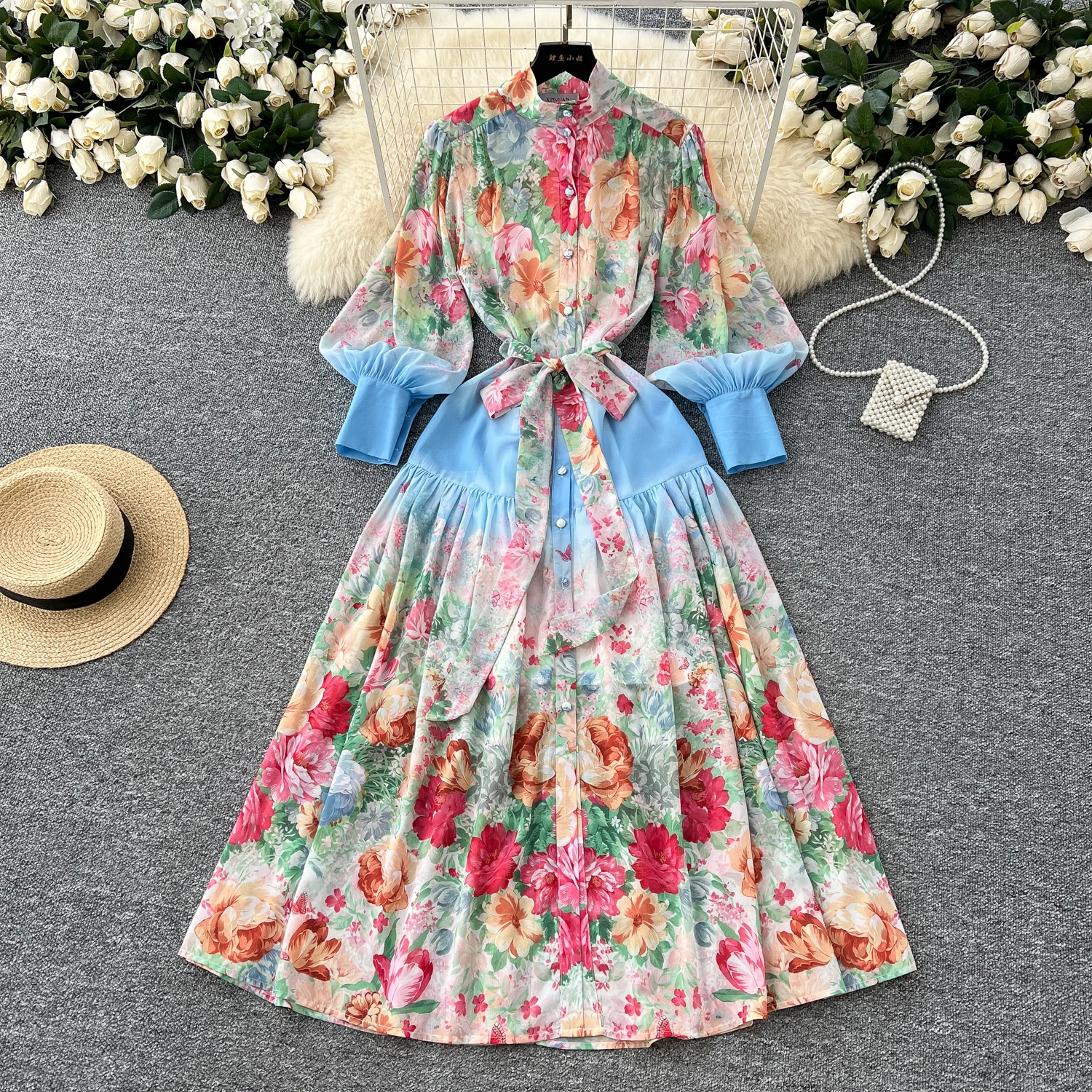 Spring Vacation Stand Collar Tunic Bandage Pleated Midi Dress For