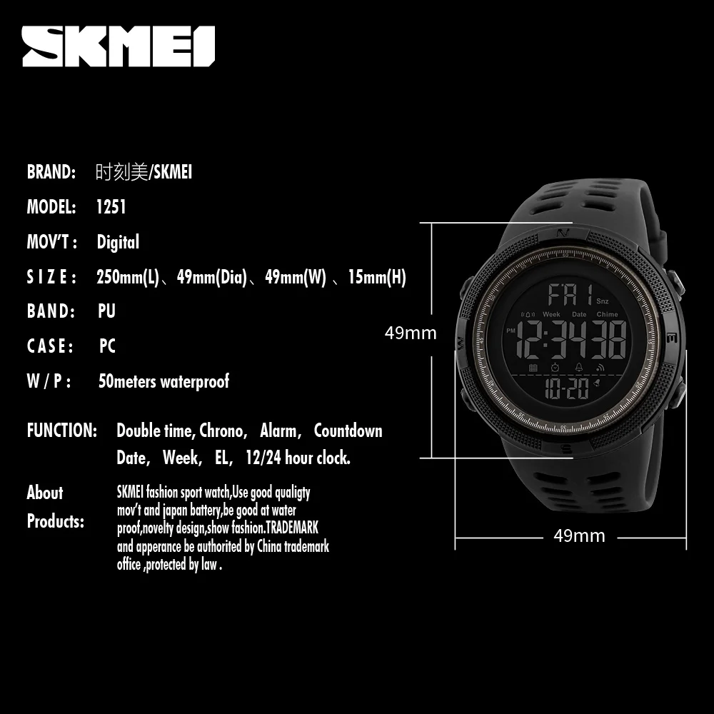 Nouveau réveil numérique Skmei 1251 marque montres de luxe électronique étanche en profondeur PU bande plongée Sports de plein air hommes montre Led