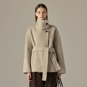 Lace up Stand up Collar Double-sided Wool Coat for Women Autumn and Winter New Short High-end Lapel Woolen Coat