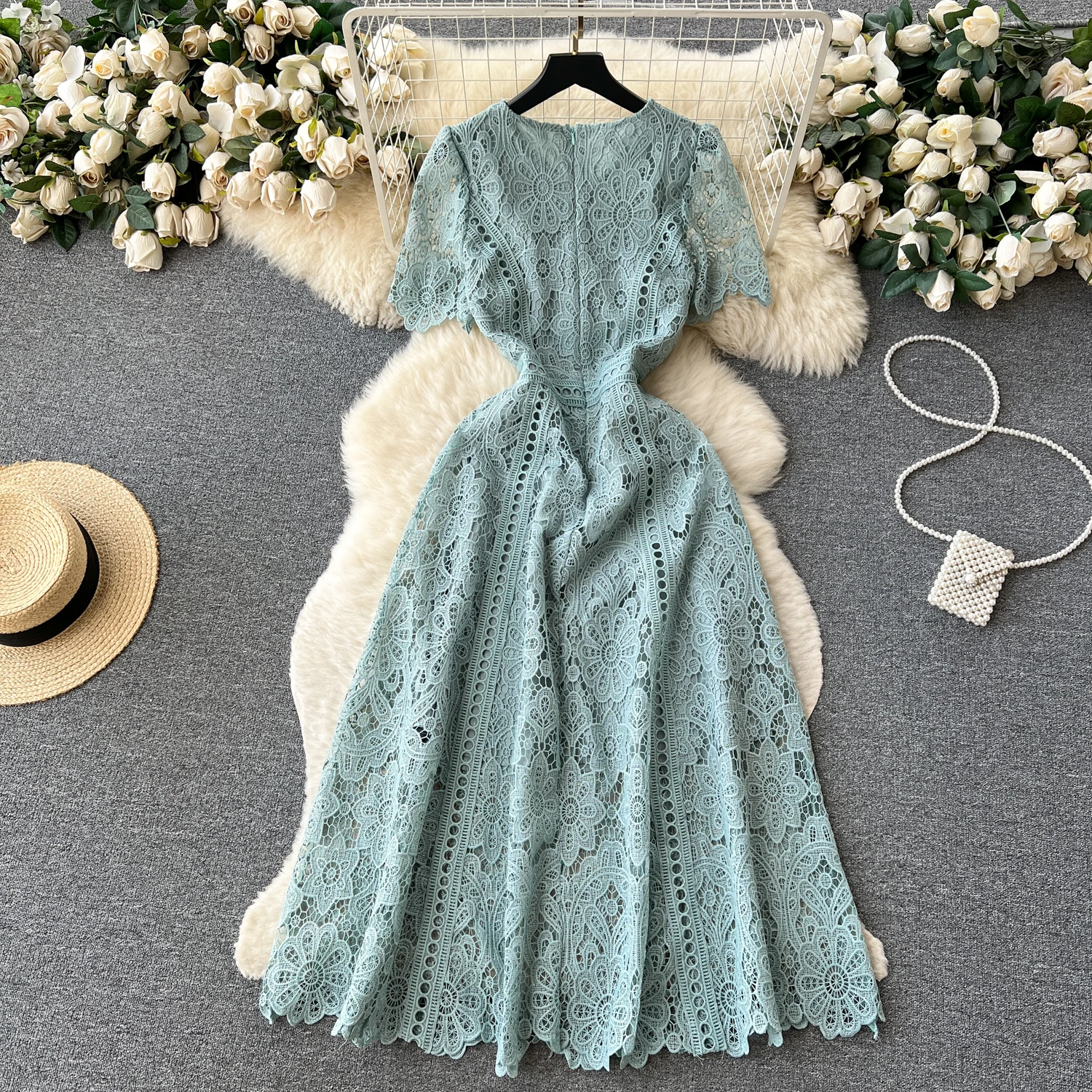 chinese dress ladies High Quality Openwork Lace Short Sleeve Round Neck High-End Vintage Dress Picture Color 2 / M main image 1
