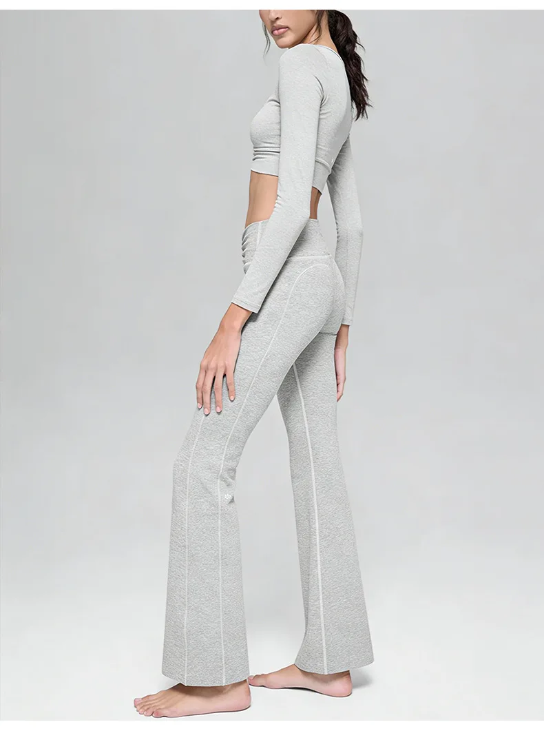 Cationic Active Stretch Yoga Set Ruched V Neck Long Sleeve Crossover Waist Flared Leg Pants — detail