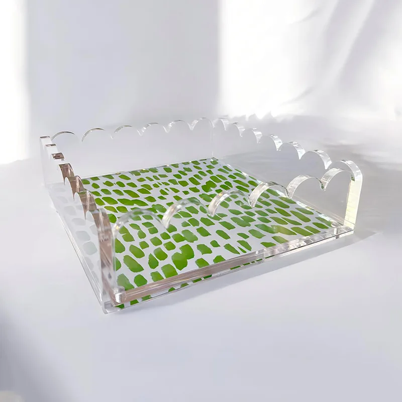 Small 8 Inch Square Scalloped Acrylic Organizer Custom Clear Acrylic Serving Tray with Magnet