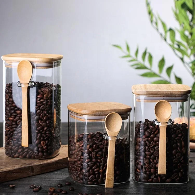 800ml 1000ml 1200ml Bamboo Lid sealed Glass Food Container Jar with Scoop for Bath Salt Holder Sugar Spice Coffee