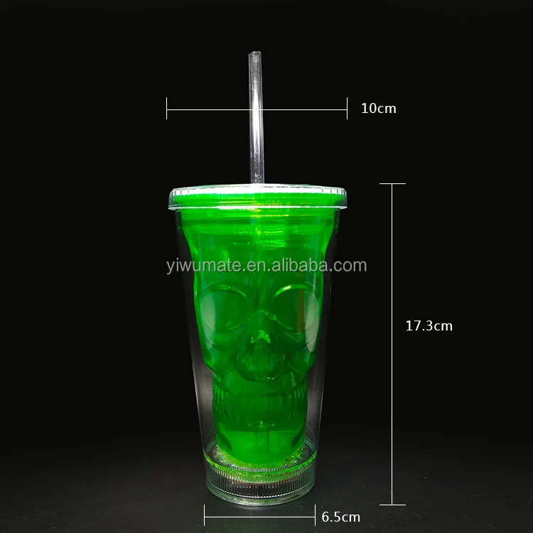 LED Light Up Flashing Double Walled Skull Tumbler With Lid And Straw