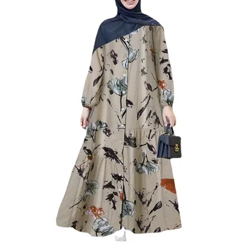 2024 Spring Clothes Plus Size Women's Cotton Linen Long Sleeve Fashion Loose Casual Floral Long Dress Women for Muslims