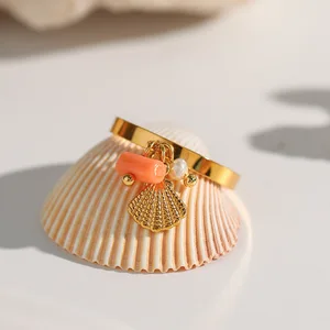 MW Women's INS-Style Ocean-Inspired Stainless Steel Ring with Threaded Shell Pendant, Polished Surface and Adjustable Design