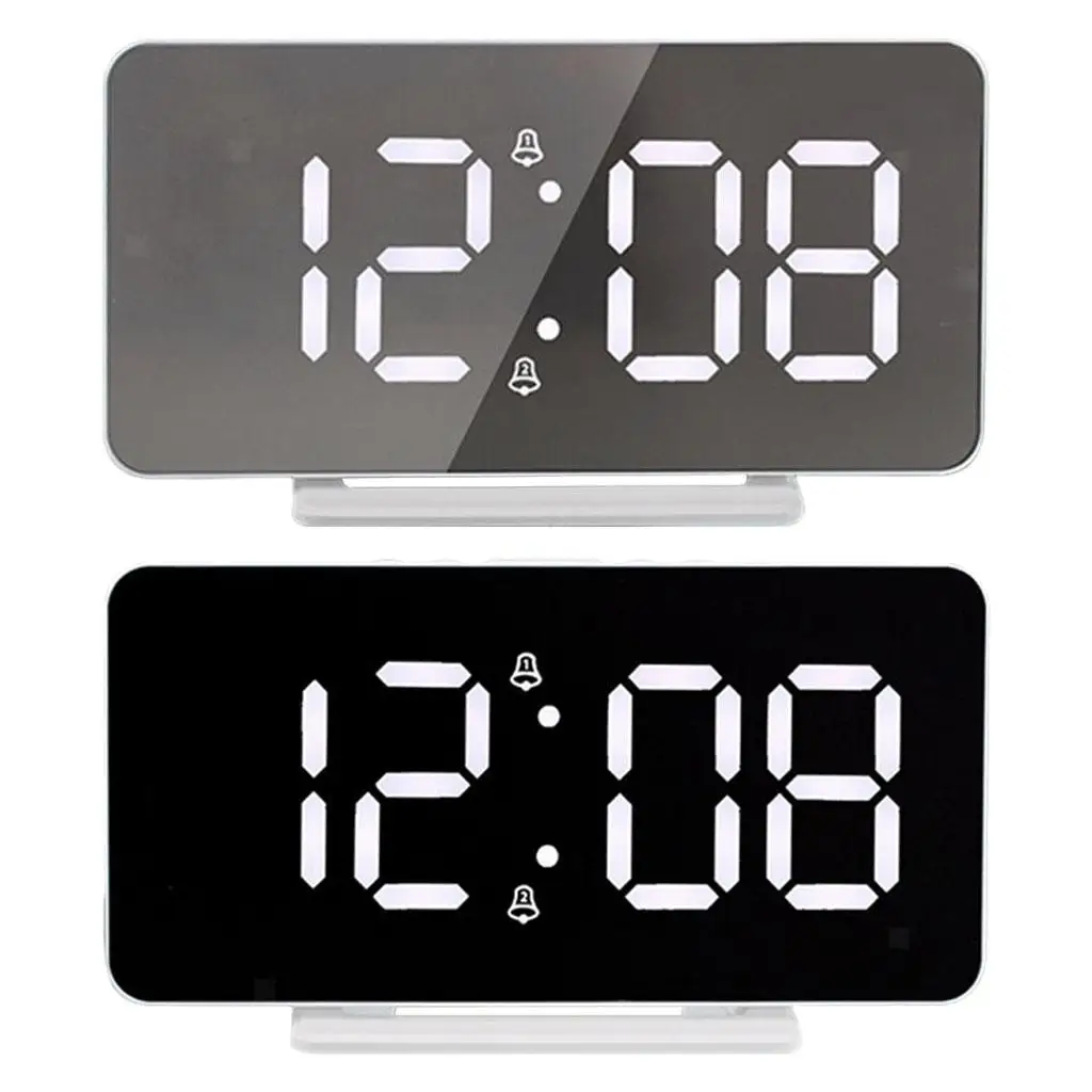LED Snooze Clock 2 Alarms Digital Mirror Screen Time Date Display Electronic Clock USB Charging Photosensitive Digital Clock