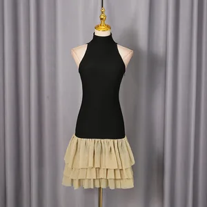 2026 New French Elegance Style Patchwork Short Dress WomenSleeveless High Neck Slim Fit Dress
