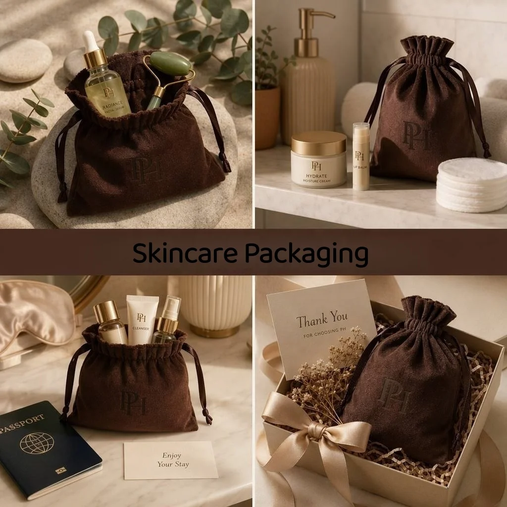 Luxury Velvet Drawstring Jewelry Pouch Bag Custom Embossed Logo Gift Packaging with Ribbon Cosmetic Skincare Storage detail