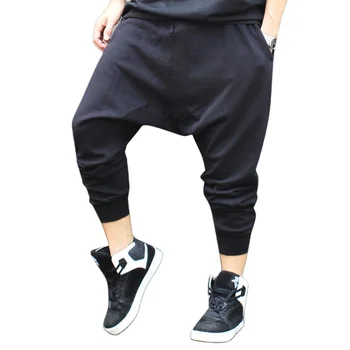 Wholesale Custom Solid Color Black Cotton Blank Drop Crotch Baggy Jogger Harem Pants Men
