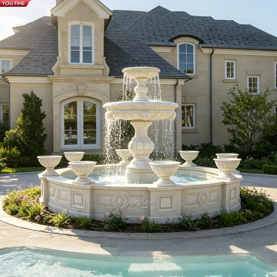 YOUFINE Hand Carved Natural Beige Limestone Marble Tiered Fountain with  Plant Urns for Outdoor Garden Villa Landscape Decor