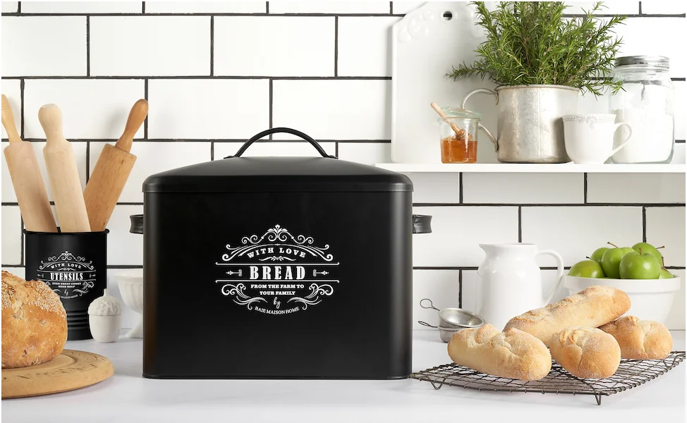 Extra Large Black Farmhouse Bread Box Container For Kitchen Counter Top