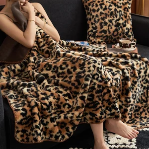 Leopard Print Light Luxury Faux Rabbit Fur 2PLY Reversible Velvet Winter Sofa Bed Throws & Blankets Thickened Blanket