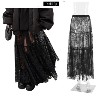 Sexy Black Lace A Line Long Skirts Women Streetwear Elegant Embroidery High Waist Hollow Out Ankle-Length Skirt