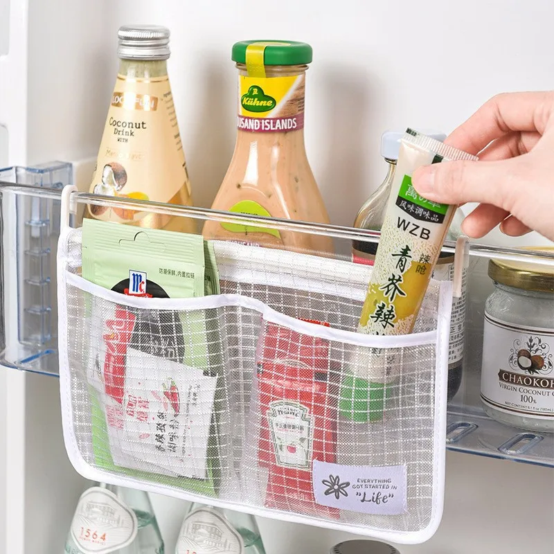 Refrigerator storage net bag hanging household kitchen bathroom multi-functional double compartment storage bag