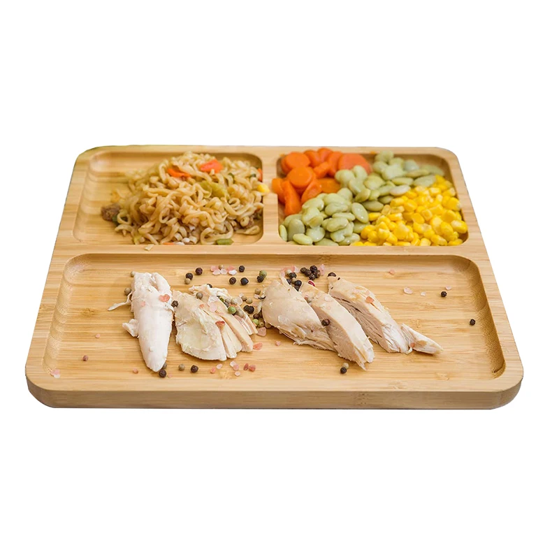 Bamboo 3-compartment Divided Plate Portion Platters Wooden Snack Appetizer Serving Plates for Kids& Adults