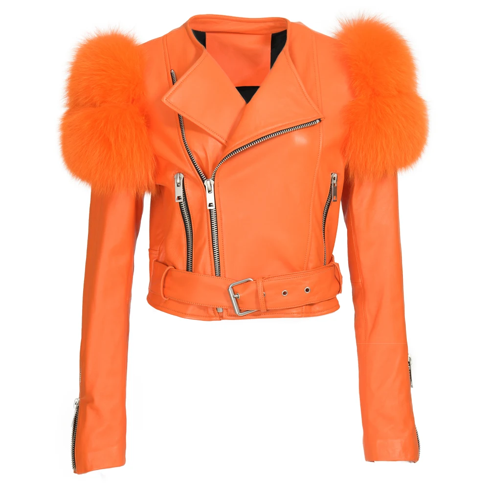 Custom Genuine Sheep Leather Jacket With Real Fox Fur Wholesale Ladies Cropped Real Sheepskin 