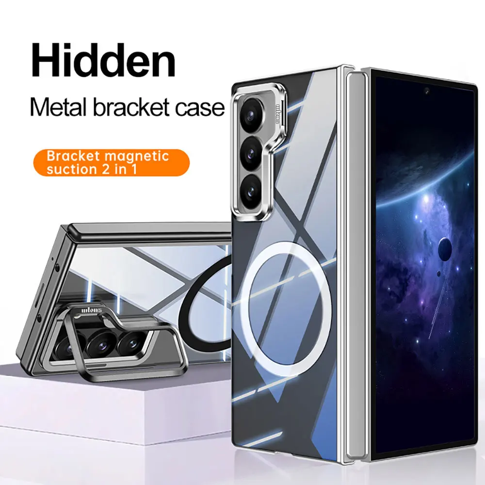 Clear Phone Case For Samsung Galaxy Z Fold6 Fold5 Fold4 Fold3 5G Metal Holder Magnetic Electroplate Anti Fall Sjk618 Laudtec