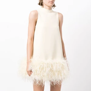 Top Quality Crew Neck Feather Bottom Plain Clothing Women Elegant Sleeveless Mini Dresses