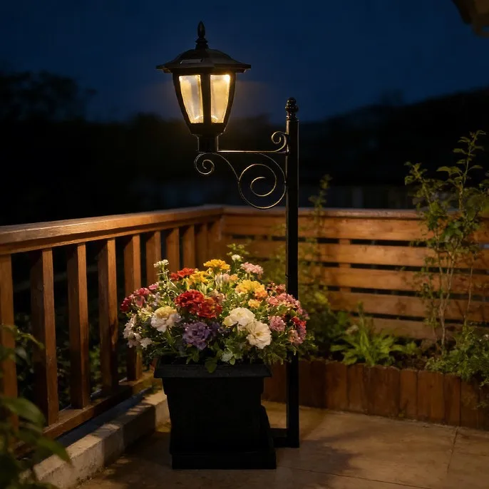 Solar Resin Flower Pot Iron Art Lamp Decorative Piece Outdoor Garden Decoration Small Night Light Multi-functional Garden Lamp