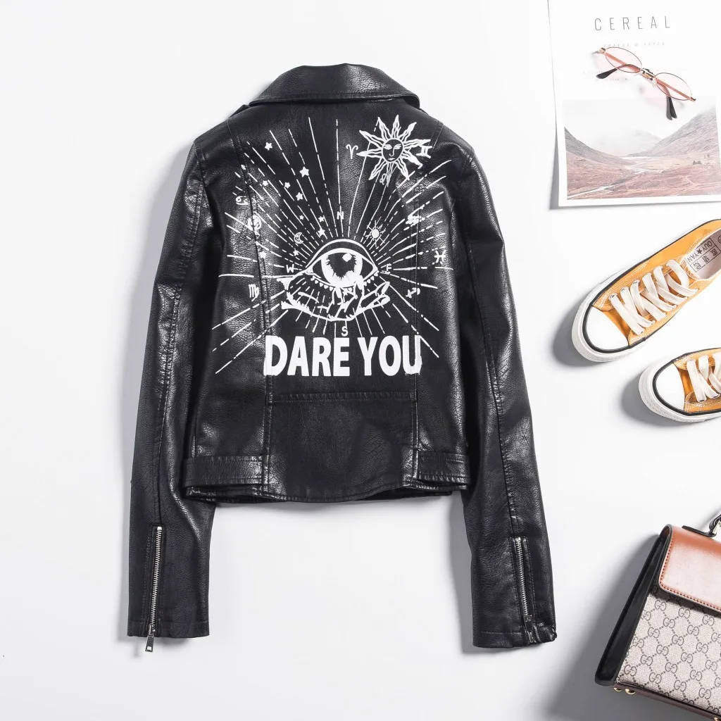 2021 Short Hip Hop Graffiti Fall Zipper Eye Dare You Faux Leather Womens Jackets
