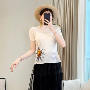 Miyake Women's Summer Ins Elegant Slim-Fit Short-Sleeved Top Commuter Fashion Daisy-Printed T-Shirt Casual Style