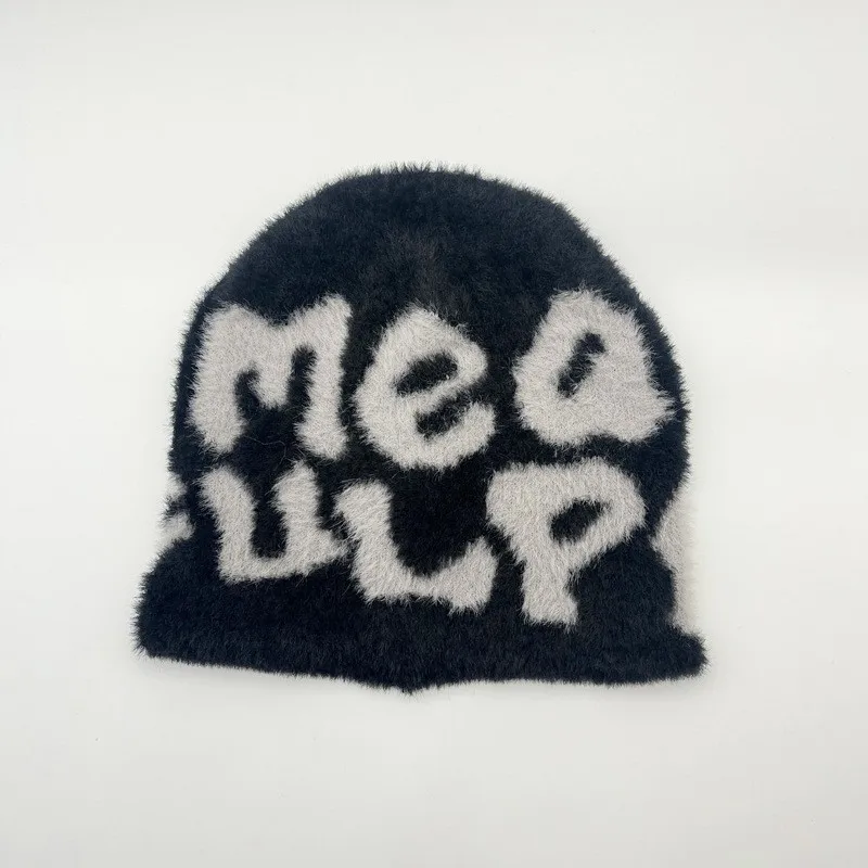 2023 Custom Logo Plush Jacquard Beanie Hats Furry Fuzzy Knitting Beanie for Autumn Winter Travel Mohair Hat