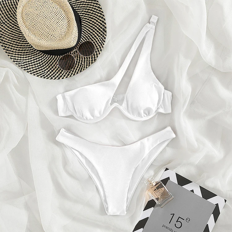 Multicolor Optional Sexy Triangle Ladies Two Piece Swimsuit Solid Color One Shoulder Underwire Bikini Wholesale