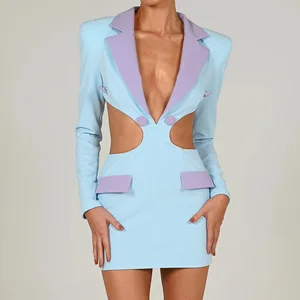 Hollow Out Backless Blazer Dress for Women Autumn Notched Collar Full Sleeve Sexy Bodycon Party Mini Dress Vestido