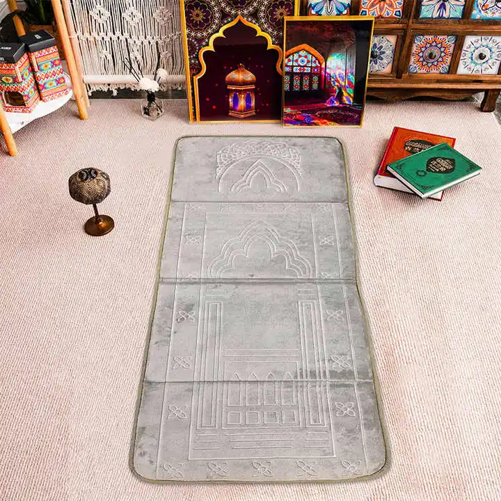 Portable Thick Prayer Mat for Pilgrimage Foldable Muslim Carpet with Embossed Backrest Plain Design Area Rug Set Gift Option