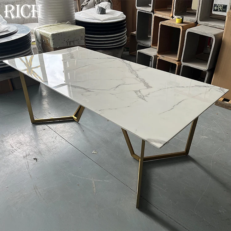 Modern Luxury Rectangular White Faux Marble Top Metal Dining Table Home Villa Apartment Kitchen Room Hotel Office Restaurant Use