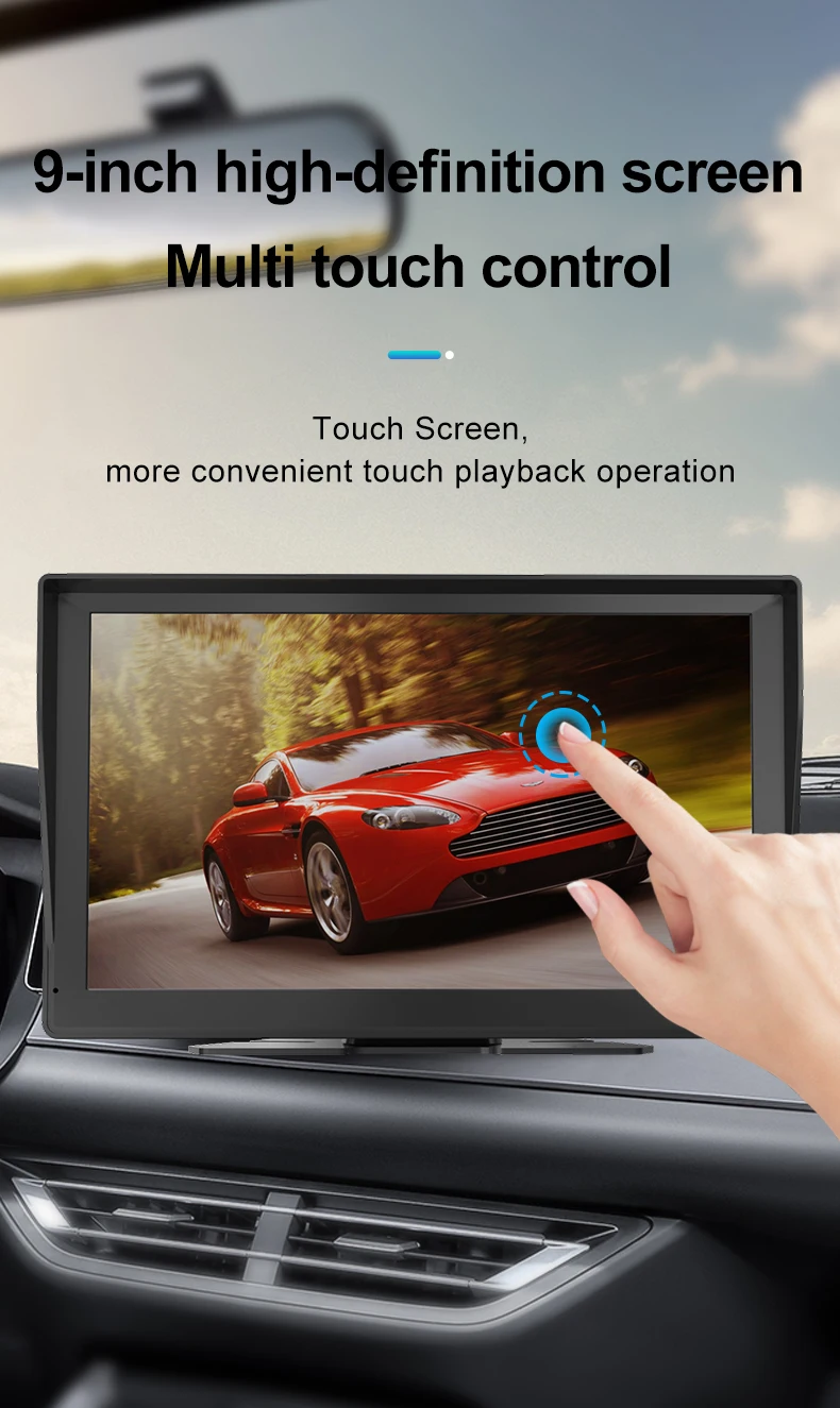 9 Inch Wireless Carplay & Android Auto Portable Car Stereo HD Touch Screen Multi-media Player with Mirror Link AUX BT Connection